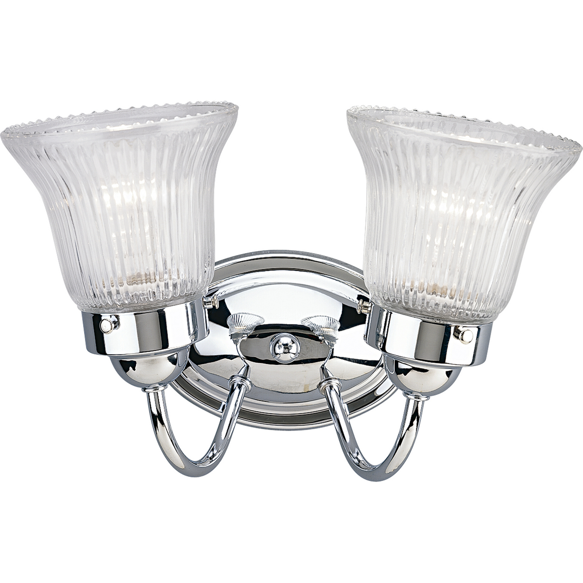 Fluted Glass 2-light bath fixture in a Chrome finish. Classic metallic fixture is paired with sparkling clear prismatic glass. Timeless in its vintage appeal, this light is stylish for both new and restored homes.