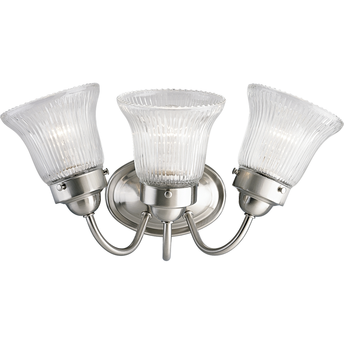 Fluted Glass 3-light bath fixture in a Brushed Nickel finish. Classic metallic fixture is paired with sparkling clear prismatic glass. Timeless in its vintage appeal, this light is stylish for both new and restored homes.