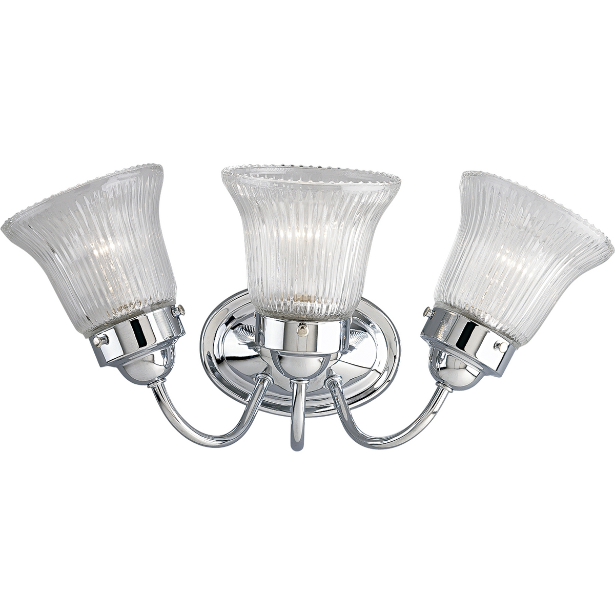Fluted Glass 3-light bath fixture in a Chrome finish. Classic metallic fixture is paired with sparkling clear prismatic glass. Timeless in its vintage appeal, this light is stylish for both new and restored homes.