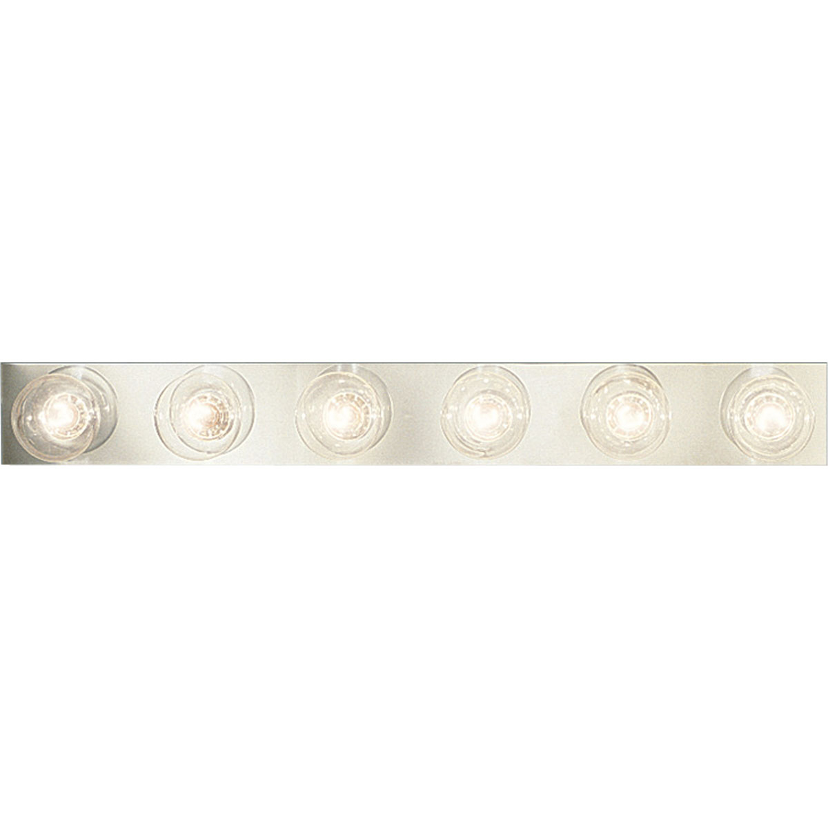 Six-light broadway lighting strips. Sockets are on 6 inch centers. UL listed for ceiling mounting with 25w max lamps. This traditional bath strip light complements most traditional bathrooms or powder rooms. Brilliant metallic finish coordinates with popular faucet and bath hardware styles. Easy to install with included hardware.