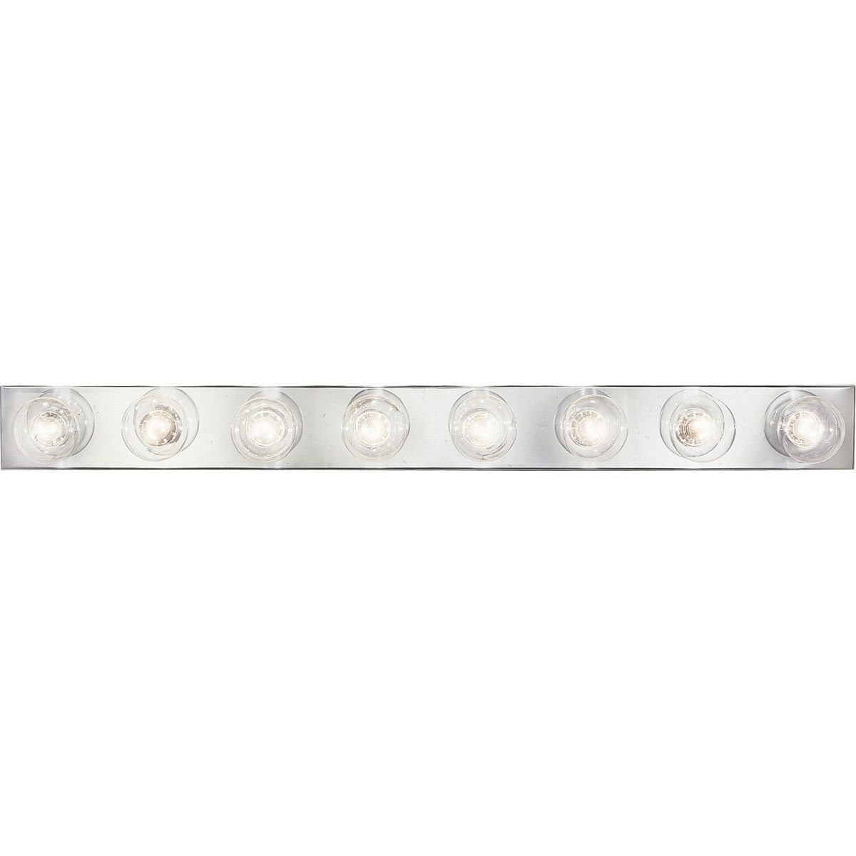 Eight-light broadway lighting strips. Sockets are on 6 inch centers. UL listed for ceiling mounting with 25w max lamps. This traditional bath strip light complements most traditional bathrooms or powder rooms. Brilliant metallic finish coordinates with popular faucet and bath hardware styles. Easy to install with included hardware.