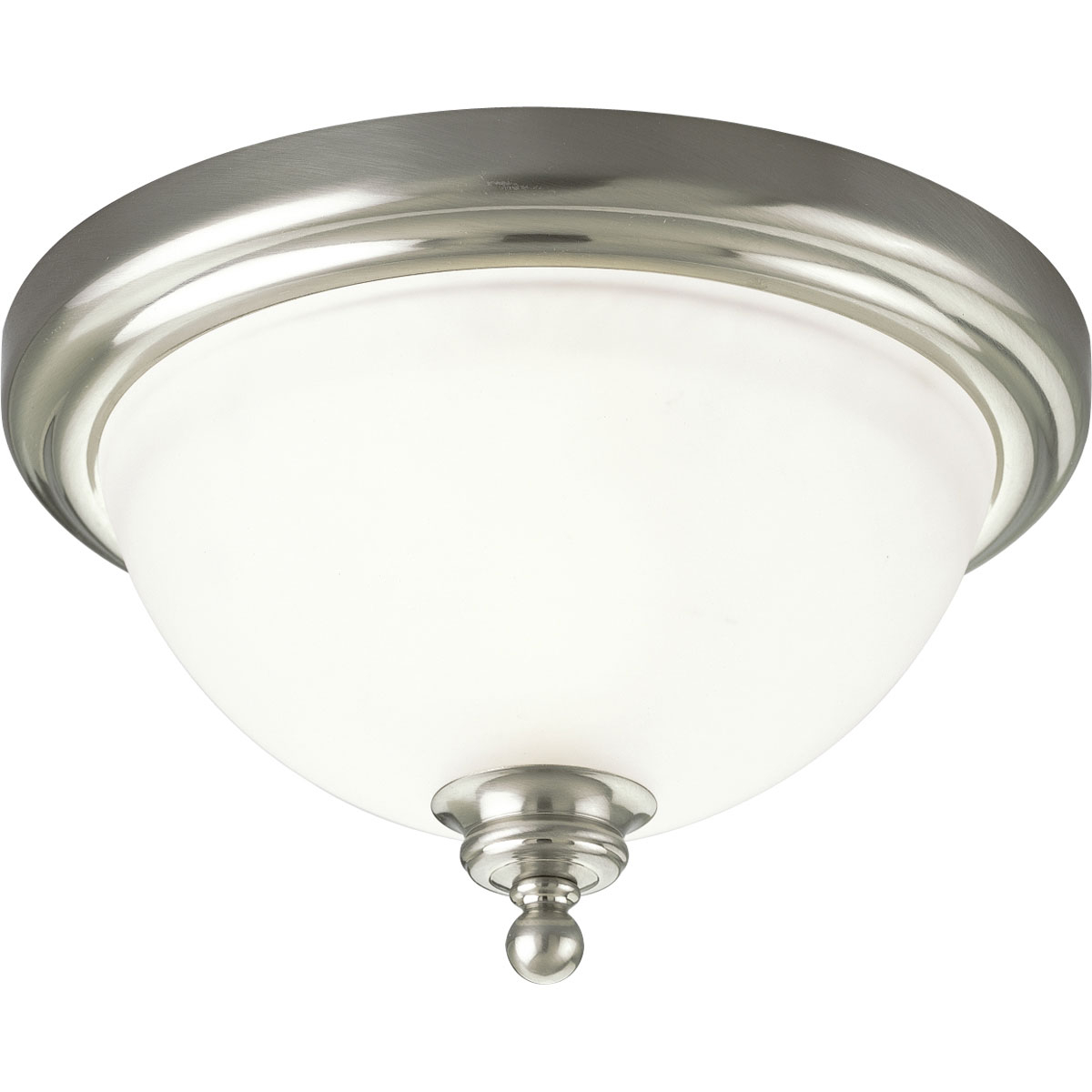 The Madison collection features etched glass with transitional elements. Simplified vintage style. One-light 12 in close-to-ceiling fixture. Brushed Nickel finish.