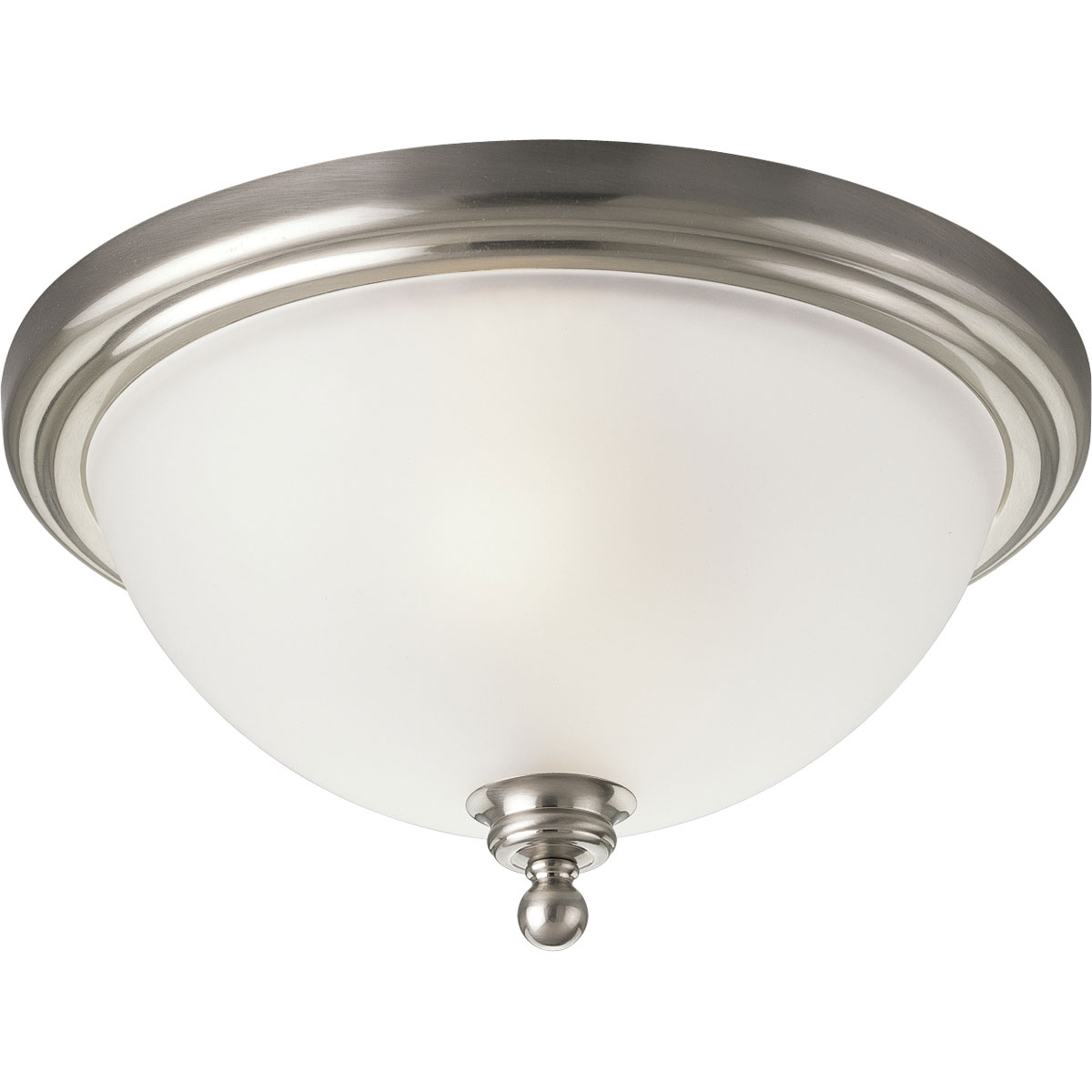 The Madison collection features etched glass with transitional elements. Simplified vintage style. Two-light 15-3/4 in close-to-ceiling fixture. Brushed Nickel finish.