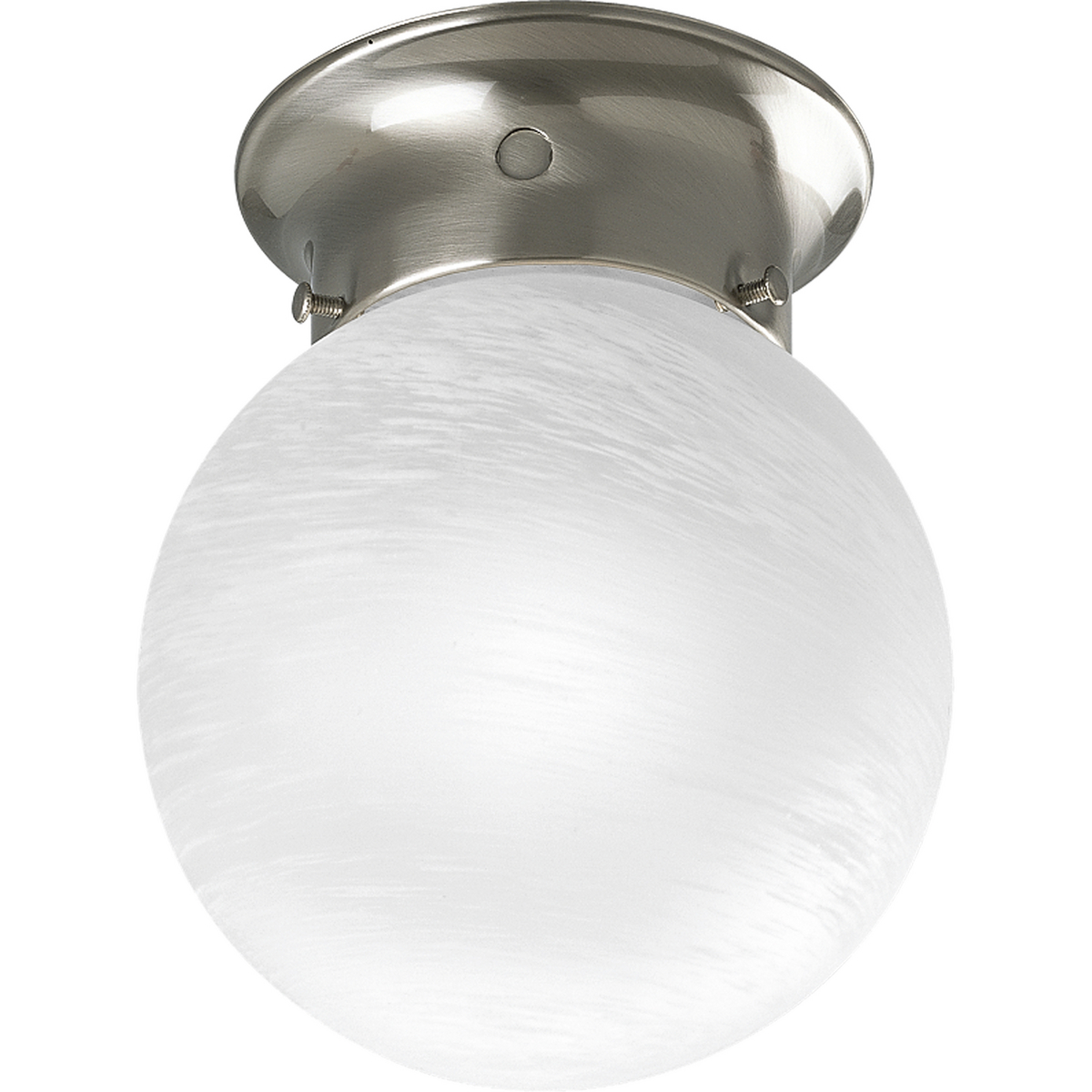 Flush mount ceiling fixture with white glass globe and a Brushed Nickel finish. Three installed fitter screws retain the glass globe.