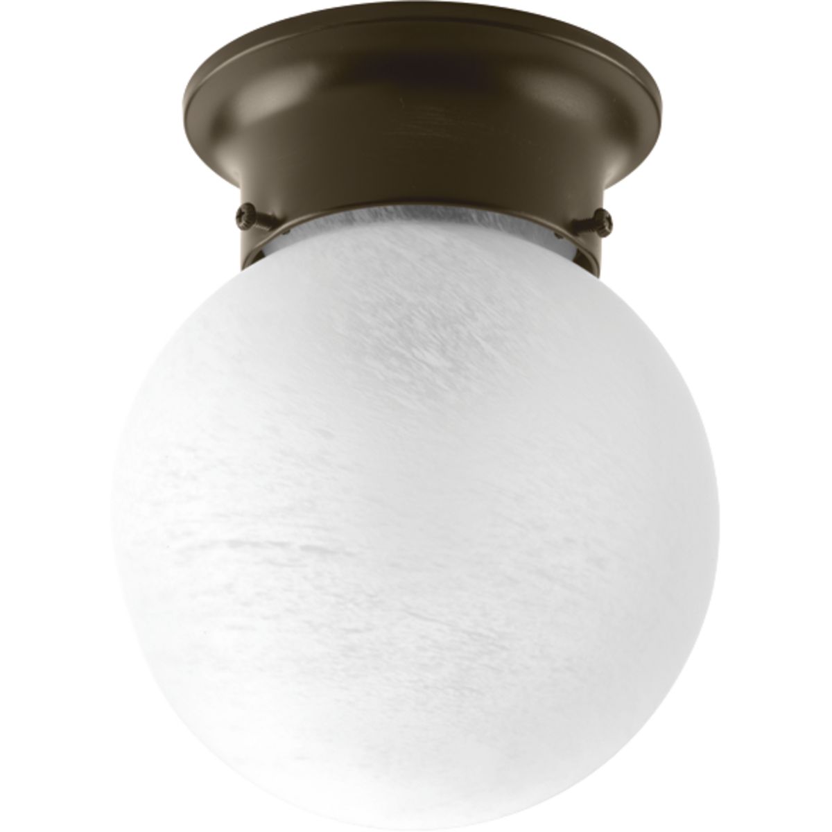Flush mount ceiling fixture featuring a white faux alabaster glass globe in an Antique Bronze finish. Three installed fitter screws retain the glass globe.