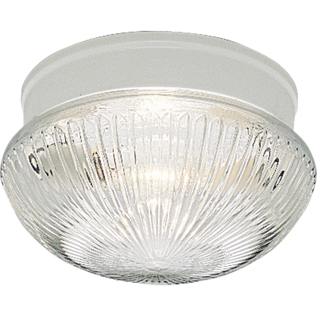 A two-light close to ceiling snap-in fitter featuring a Clear Prismatic glass bowl and White finish. The fixture is ideal in a bathroom setting or hall/foyer.