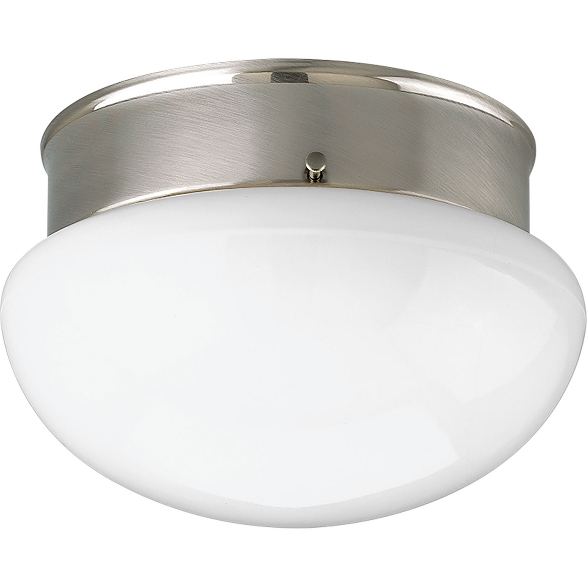 A traditional one-light close-to-ceiling fixture featuring a white glass bowl and a Brushed Nickel finish. The fixture is ideal in a bathroom setting or hall/foyer.