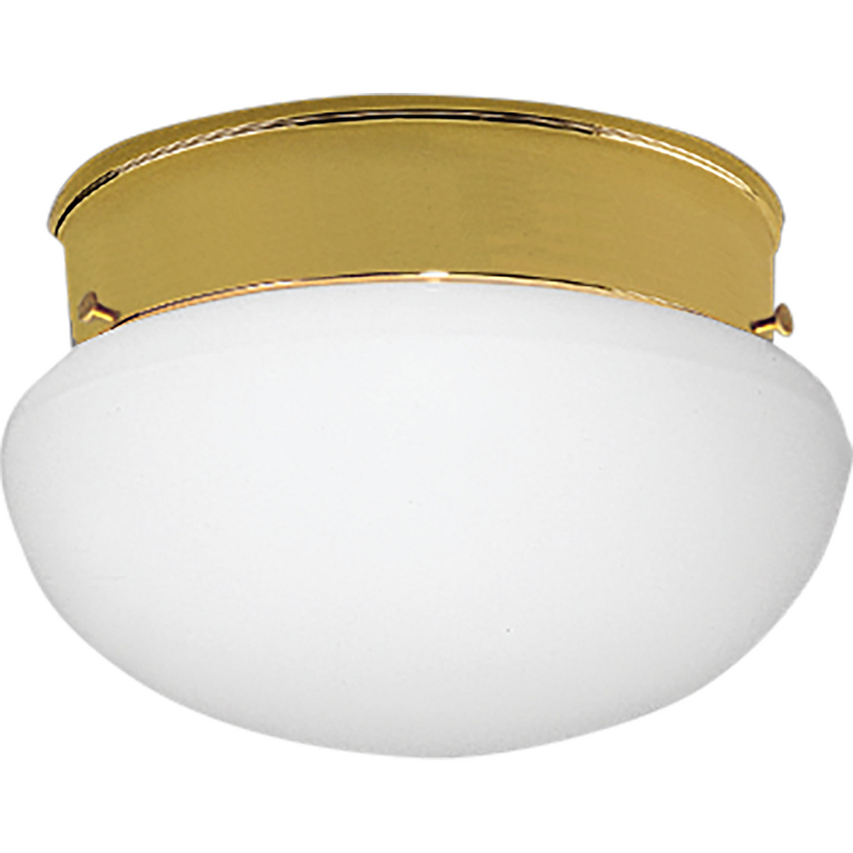 A traditional one-light close-to-ceiling fixture featuring a White glass bowl and a Polished Brass finish. The fixture is ideal in a bathroom setting or hall/foyer.