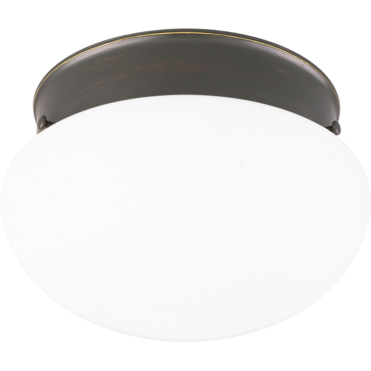 A traditional two-light close-to-ceiling fixture featuring a White glass bowl and an Antique Bronze finish. The fixture is ideal in a bathroom setting or hall/foyer.