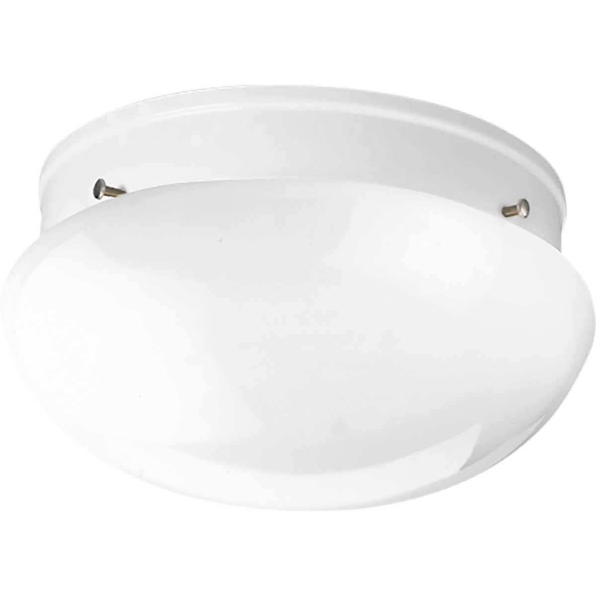 A traditional two-light close-to-ceiling fixture featuring a White glass bowl and a White finish. The fixture is ideal in a bathroom setting or hall/foyer.