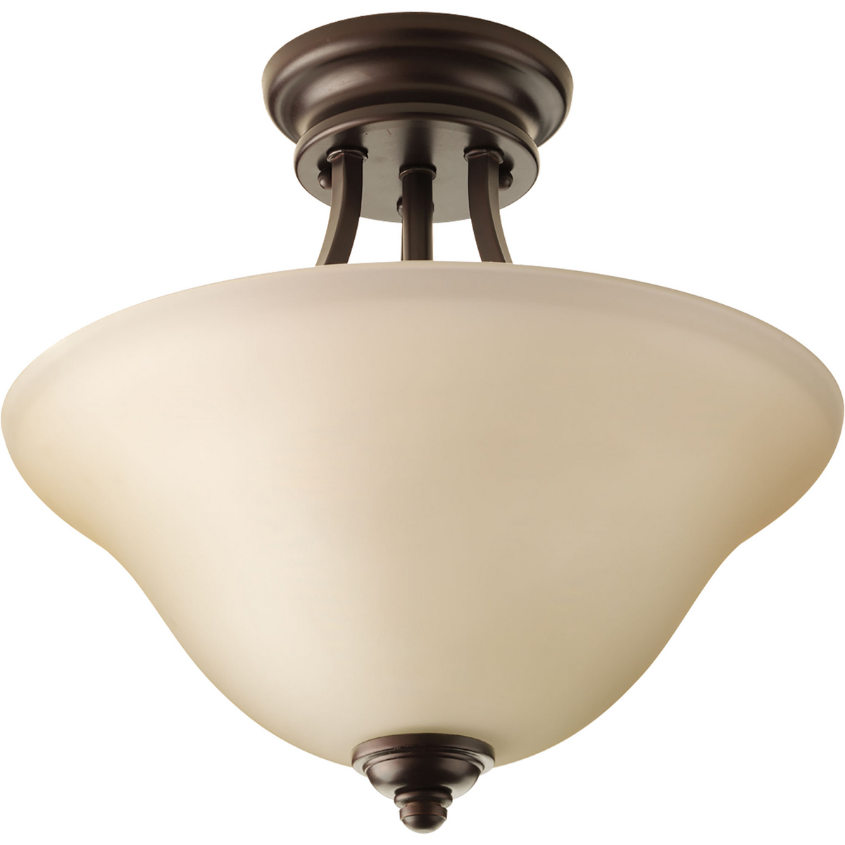 The spirit of craftsmanship prevails with subtle forms. Light umber etched glass shade. Two-Light semi flush mount..