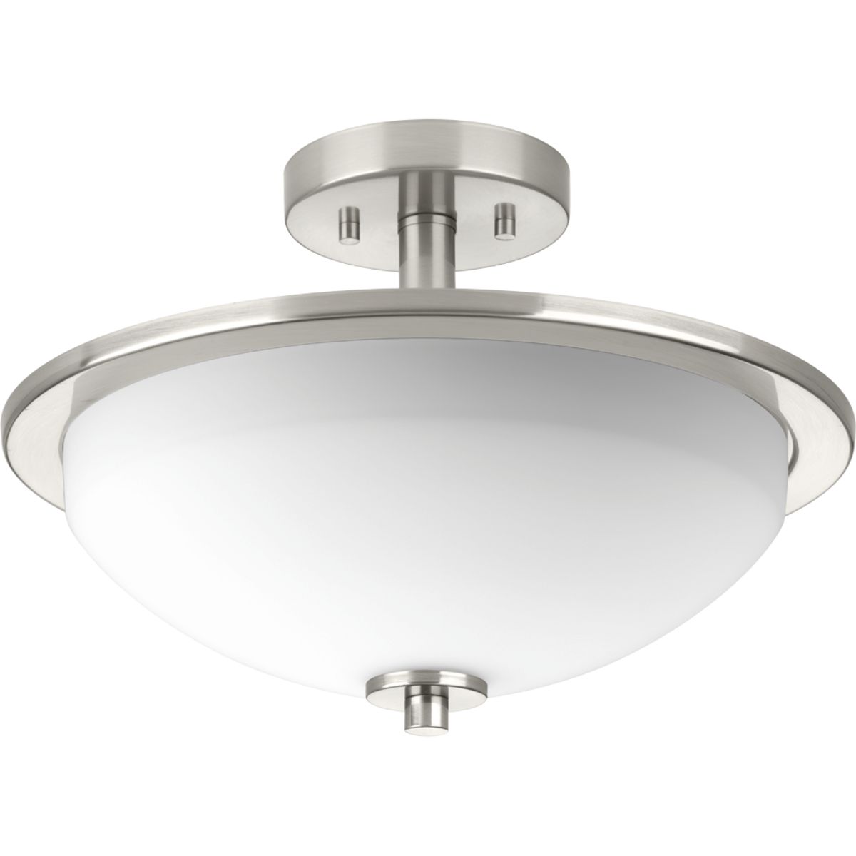 The two-light semi-flush from the Replay collection features a linear form that provides a pleasingly elegant accent to your home. A sleek, metallic finish is complemented by white glass diffusers for a clean, modern silhouette. Brushed Nickel finish.