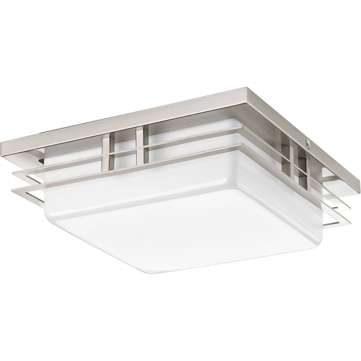 Helm is a uniquely styled series with design flexibility. This contemporary square fixture has an acrylic diffuser with architectural detail. Can mount to ceiling or wall. One-light 11 in LED fixture in Brushed Nickel. 3000K, 90+CRI 1,211 lumens 71.2 lumens/watt per module (source).