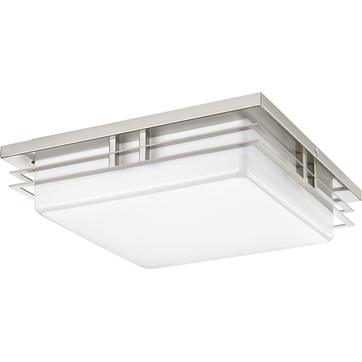 Helm is a uniquely styled series with design flexibility. This contemporary square fixture has an acrylic diffuser with architectural detail. Can mount to ceiling or wall. Two-light 14 in LED fixture in Brushed Nickel. 3000K, 90+CRI 1,211 Lumens 71.2 lumens/watt per module (source).