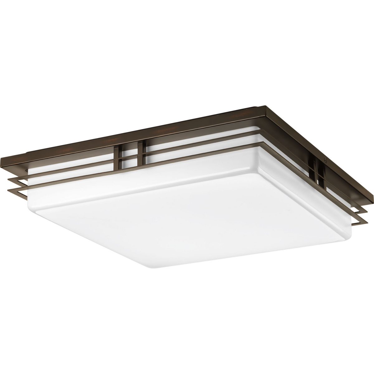 Helm is a uniquely styled series with design flexibility. This contemporary square fixture has an acrylic diffuser with architectural detail. Can mount to ceiling or wall. Three-light 18 in LED fixture in Antique Bronze. 3000K, 90+CRI 1,211 Lumens 71.2 lumens/watt per module (source).