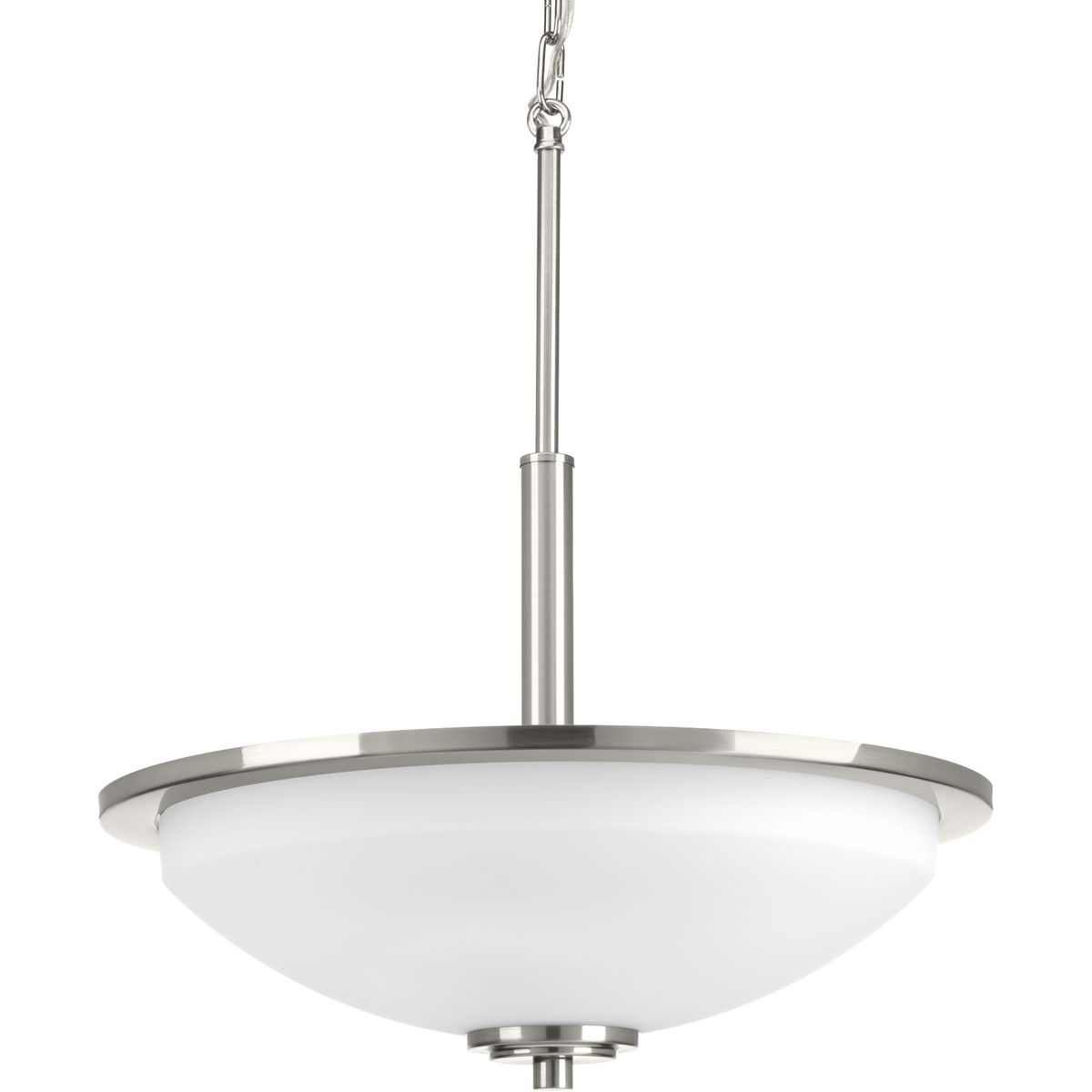 The three-light inverted pendant from the Replay collection features a linear form that provides a pleasingly elegant accent to your home. A sleek, metallic finish is complemented by white glass diffusers for a clean, modern silhouette. Brushed Nickel finish.