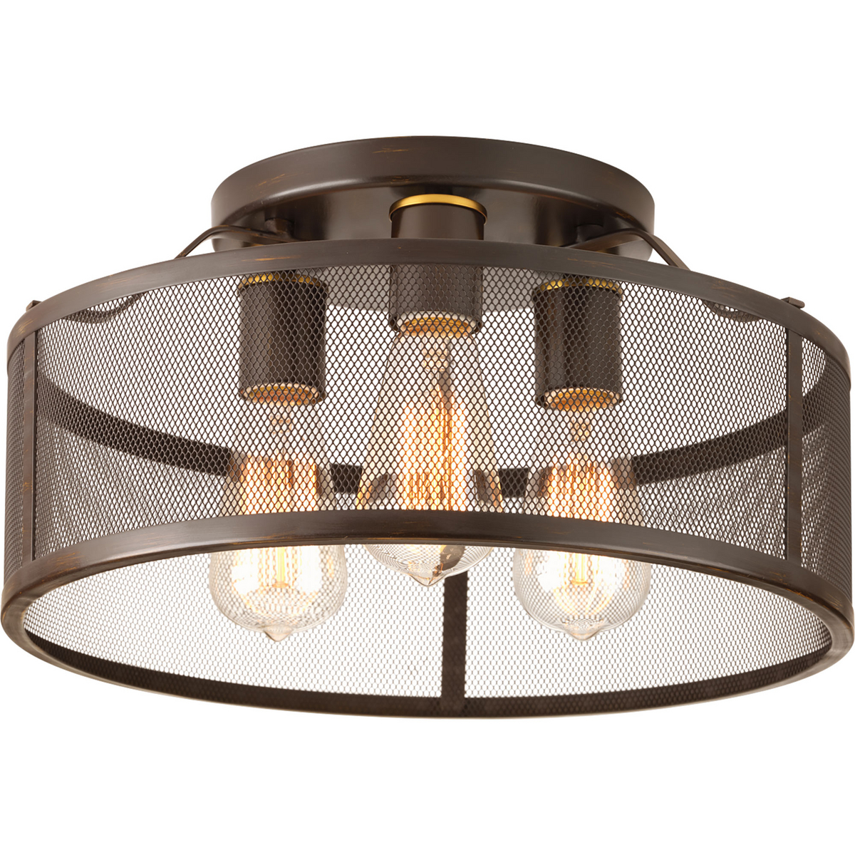 Three-light Flush Mount with mesh metal surround and natural brass accents for the vintage electric feel.