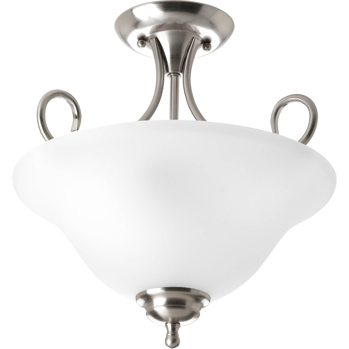 Two-light 13-1/4 in semi-flush with etched glass and scroll arms. Perfect in entry ways, kitchen islands, closets and hallways. Brushed Nickel finish.