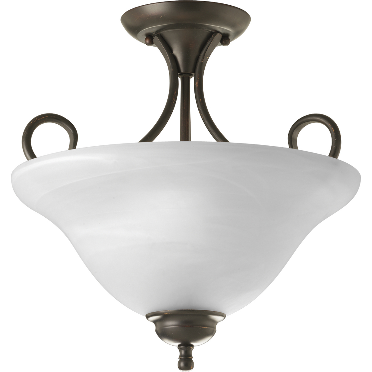 Two-light 13-1/4 in semi-flush with swirled alabaster glass and scroll arms. Perfect in entry ways, kitchen islands, closets and hallways. Antique Bronze finish.