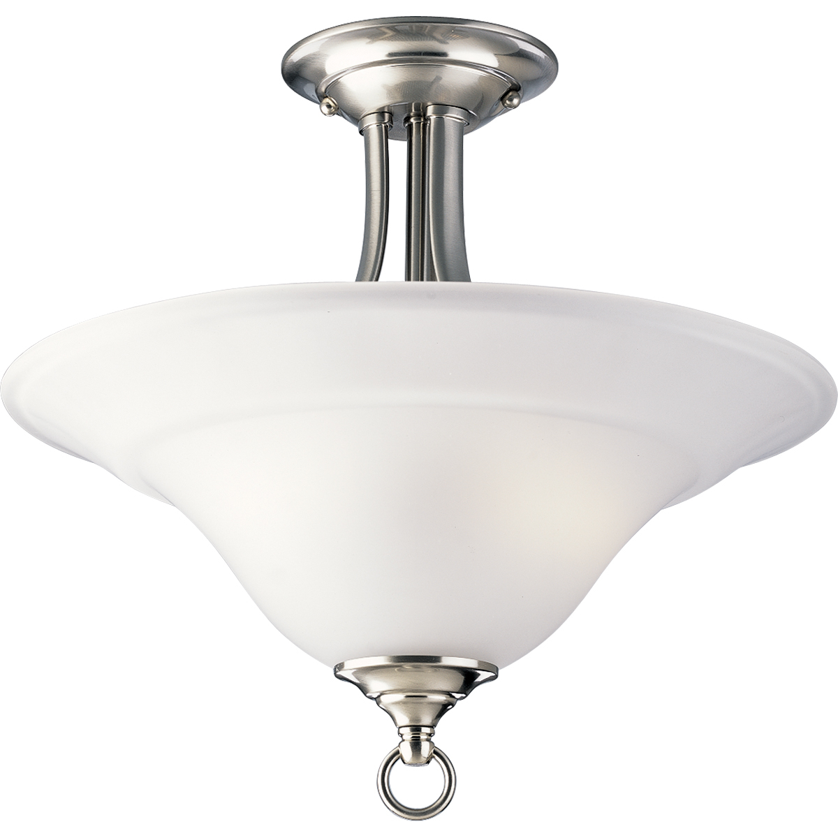 Two-light semi-flush close-to-ceiling fixture featuring soft angles, curving lines and etched glass shades. Gracefully exotic, the Trinity Collection offers classic sophistication for transitional interiors. Sculptural forms of metal and glass are enhanced by a classic finish. This transitional style can transform a room or your whole home with its charming versatility. Brushed Nickel finish.