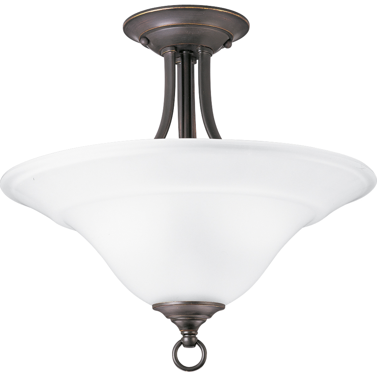 Two-light semi-flush close-to-ceiling fixture featuring soft angles, curving lines and etched glass shades. Gracefully exotic, the Trinity Collection offers classic sophistication for transitional interiors. Sculptural forms of metal and glass are enhanced by a classic finish. This transitional style can transform a room or your whole home with its charming versatility. Antique Bronze finish.
