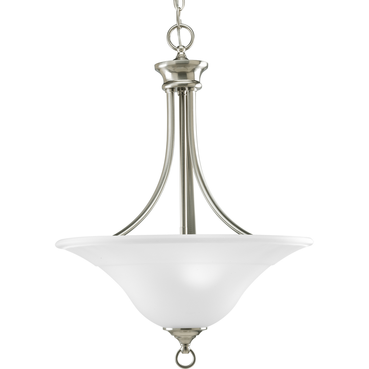Three-light hall and foyer fixture featuring soft angles, curving lines and etched glass shades. Gracefully exotic, the Trinity Collection offers classic sophistication for transitional interiors. Sculptural forms of metal and glass are enhanced by a classic finish. This transitional style can transform a room or your whole home with its charming versatility. Brushed Nickel finish.