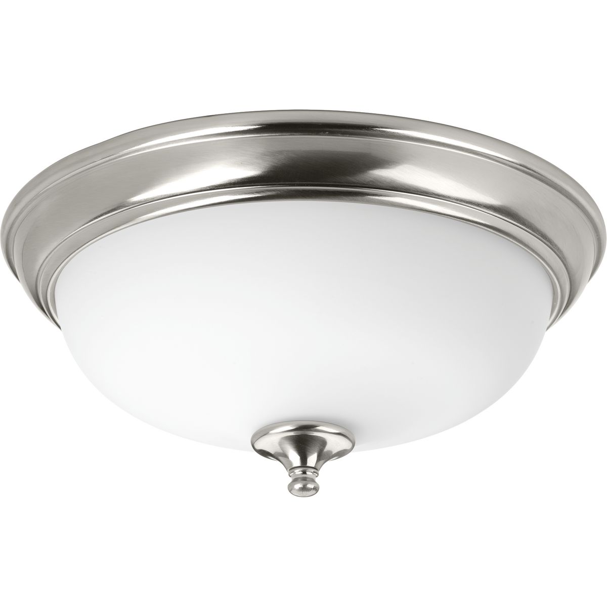 One-light 15 inch LED Flush Mount in Brushed Nickel features an etched Alabaster glass bowl. Fixtures are dimmable to 10 percent with Triac, phase forward or ELV dimmers. 3000K and 90 CRI.