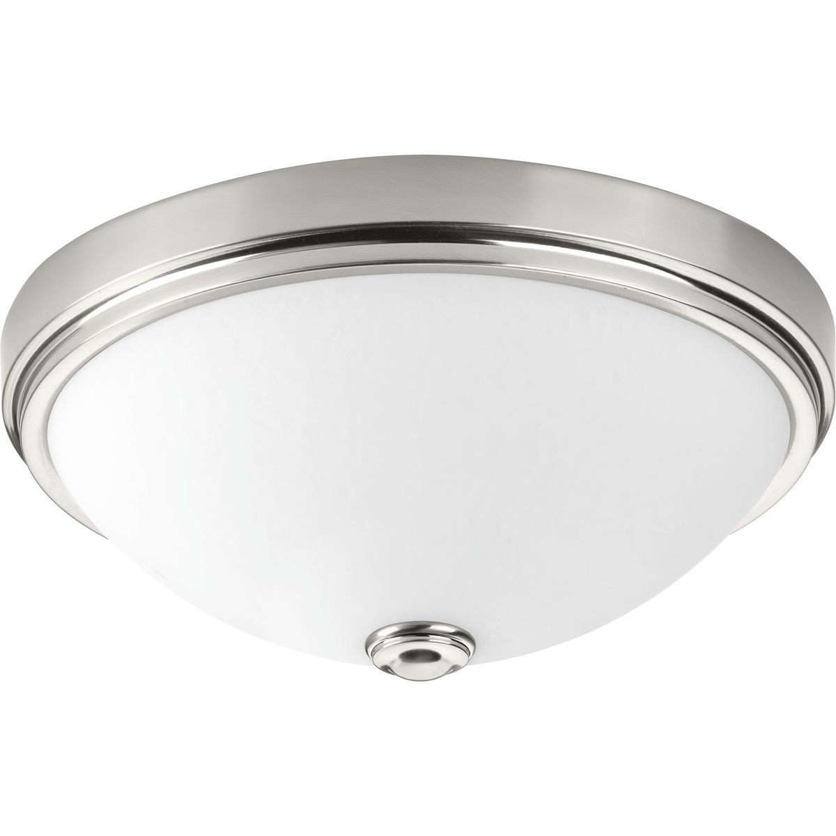 One-light 13 inch LED Flush Mount in Brushed Nickel features a white linen glass bowl. Fixtures are dimmable to 10 percent with Triac, phase forward or ELV dimmers. 3000K and 90 CRI.