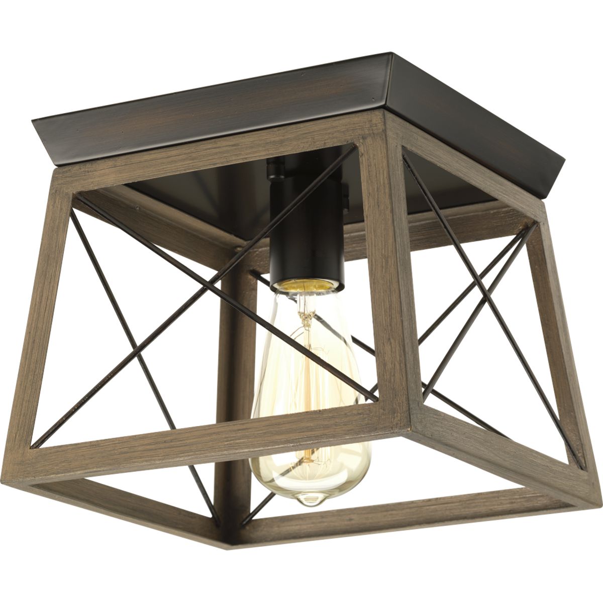 The Briarwood collection features a classic pattern commonly found on barn or farmhouse doors and gates. The simple geometric form features a faux-painted wood enclosure to frame vintage-style light bulbs. A rich Oak and Antique Bronze finish combination. One-Light flush mount.
