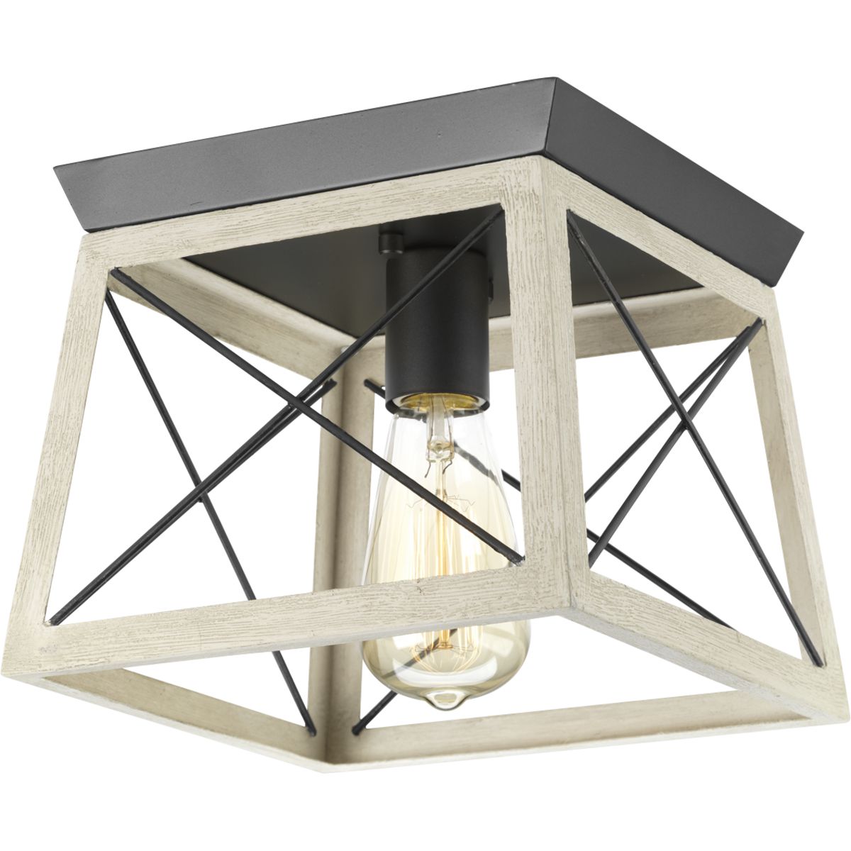 The Briarwood collection features a classic pattern commonly found on barn or farmhouse doors and gates. The simple geometric form features a faux-painted wood enclosure to frame vintage-style light bulbs. A coastal-inspired whitewashed finish paired with Graphite details. One-Light flush mount.