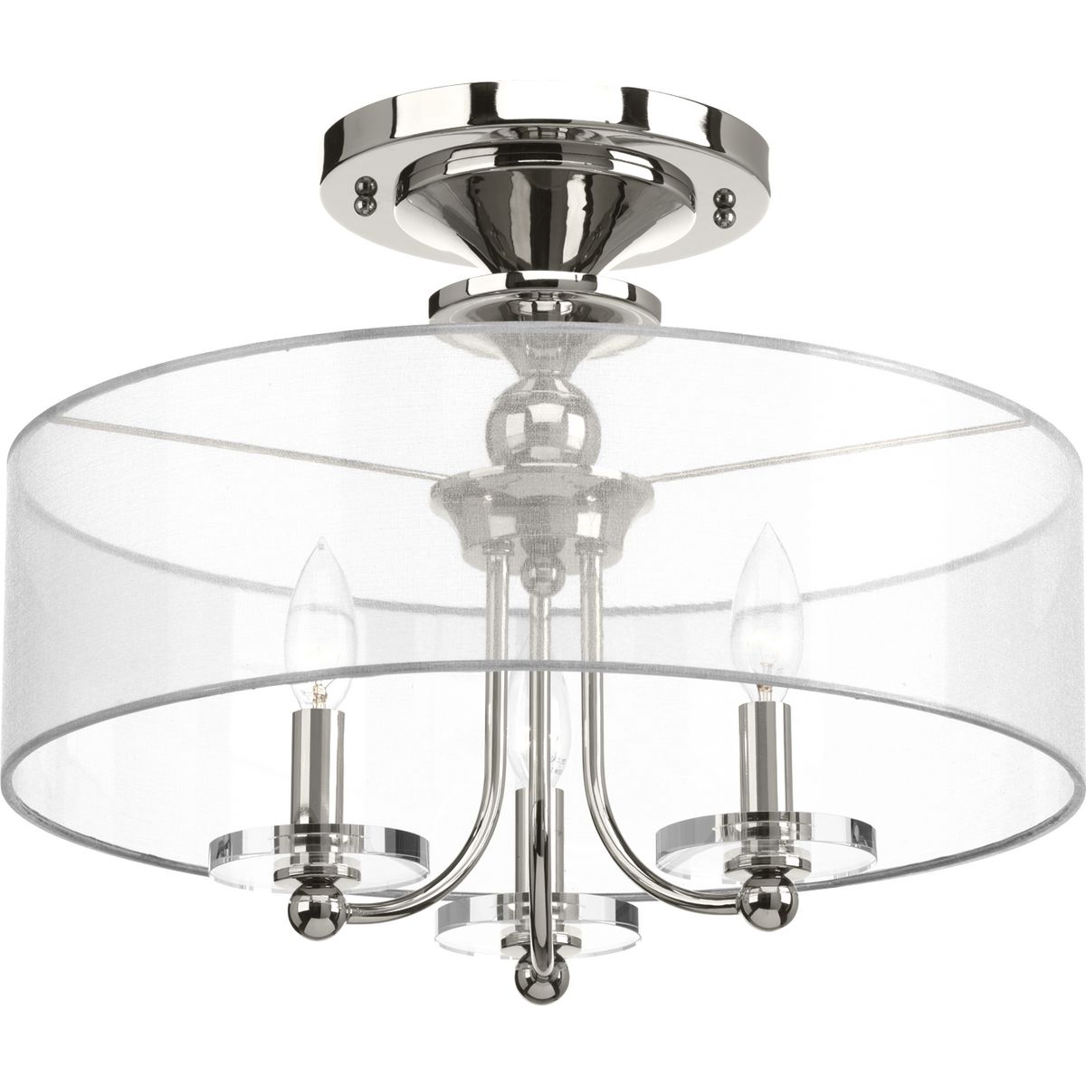 Marche is an eclectic arrangement of gleaming metal turnings, which recreates the vintage styles found in Parisian neighborhood markets. Polished Nickel elements are combined with a luxurious sheer silver organza shade and clear K9 glass elements. The three-light semi-flush convertible fixture coordinates with Nisse or Caress collections to create a truly distinctive addition to your home.