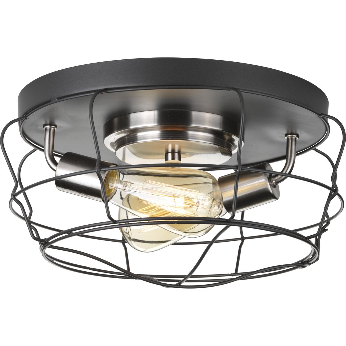 Inspired by industrial elements, Gauge two-light flush mount features an open cage design that's both functional and aesthetically appealing. Frame is comprised of a Graphite finished wire frame with Brushed Nickel accents. Hinged door provides easy access to change lamp.