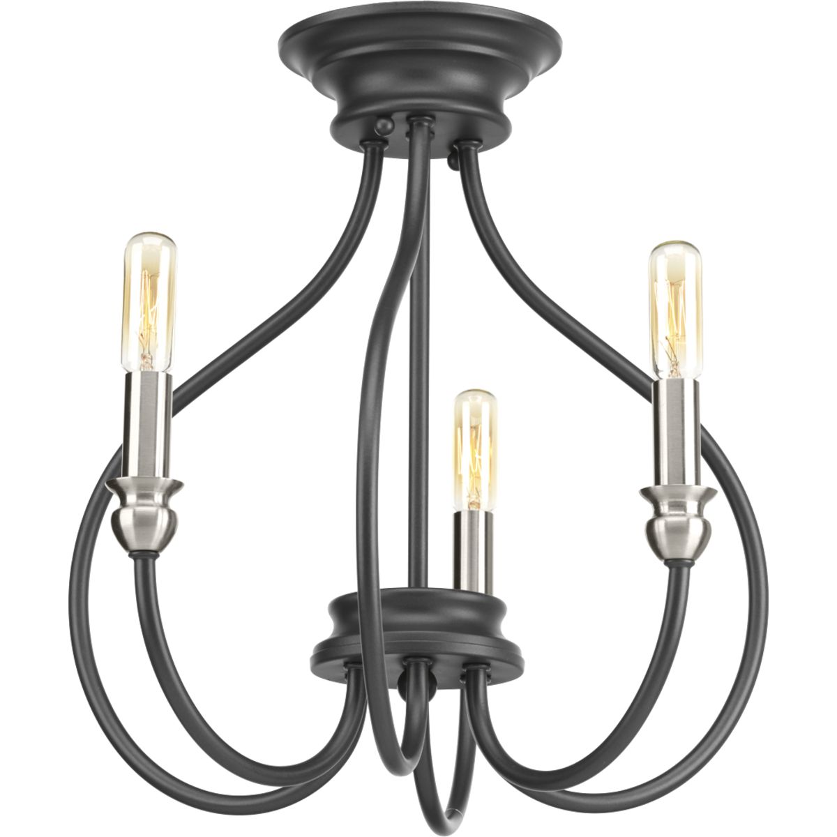 An updated traditional family, Whisp adds distinction to interior spaces. Candles with brushed nickel accents complement a gracefully scrolled frame in a cool Graphite finish. The three light semi-flush convertible can be chain hung or semi-flush to ceiling.