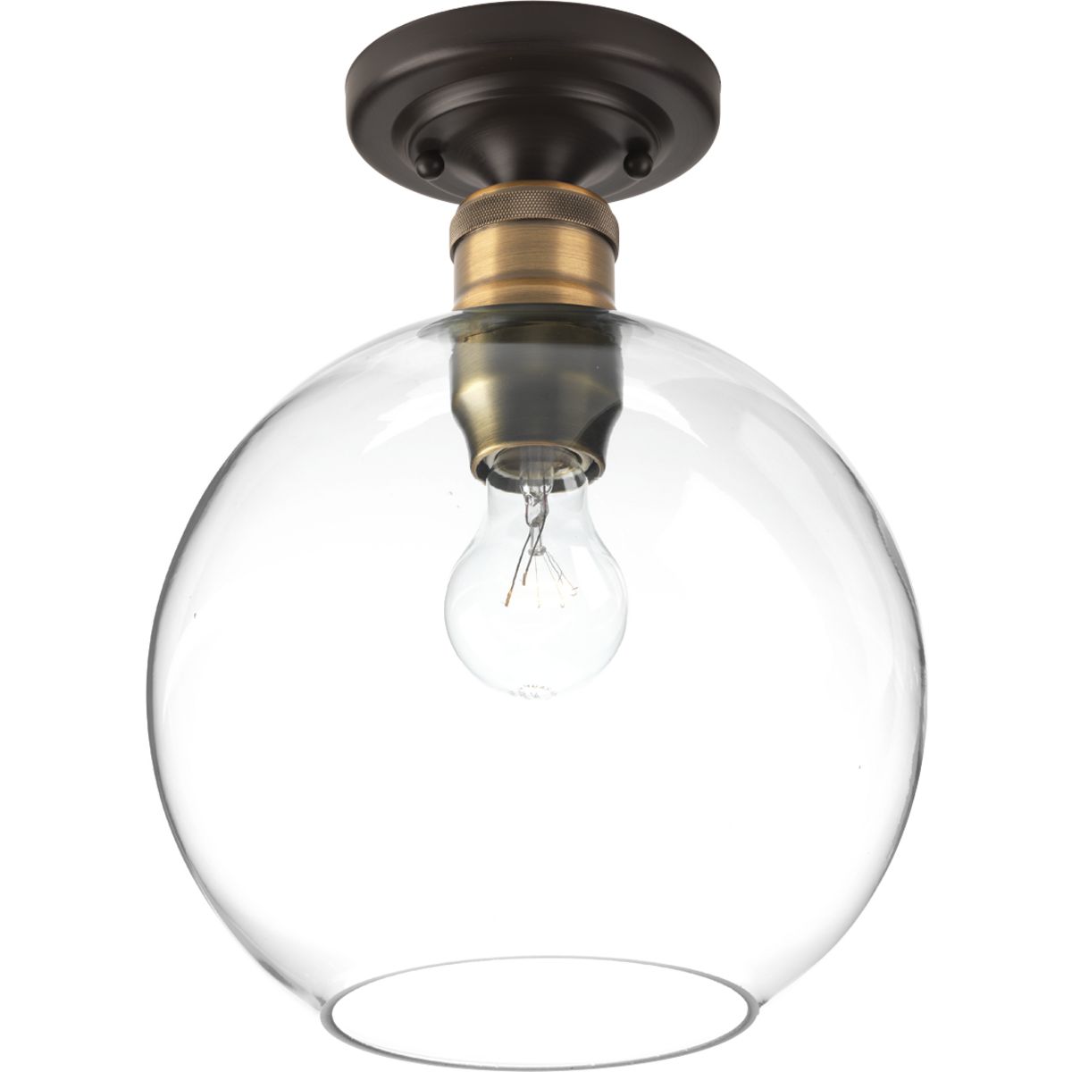 The Hansford collection of fixtures feature a clear, spherical shade paired with vintage style metal fittings in an antique bronze and brass combination finish. Featuring a clean and precise design with generous scale, Hansford's classic style brings tranquility to your home with. Hansford lends itself to Farmhouse, Coastal or Industrial interiors. Can be used with clear or vintage bulbs for a variety of looks. The one-light flush mount is ideal for bedrooms, bathrooms, hallways and closets.