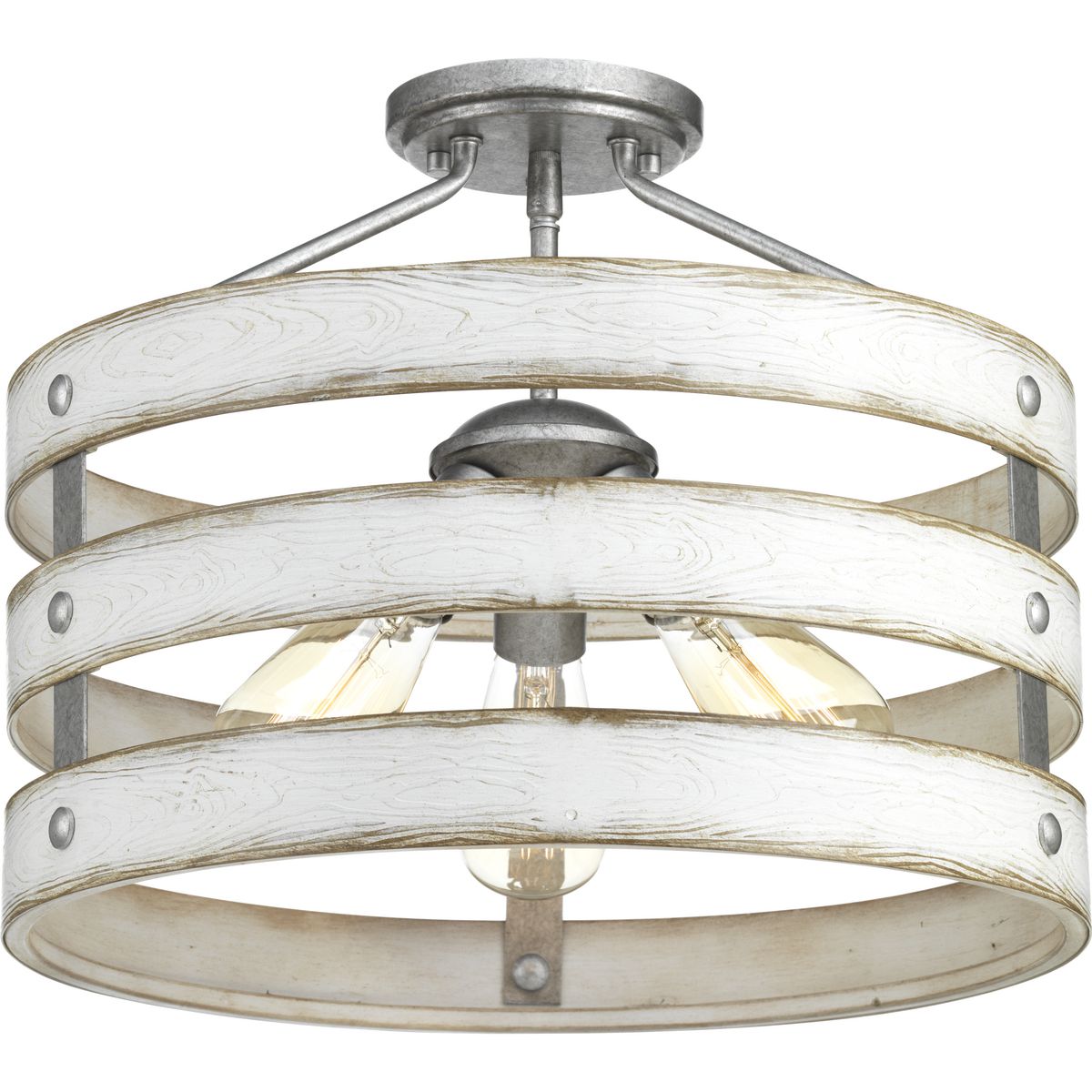 Three circular bands wrap together to create an open design for Gulliver's 17 in  three-light semi-flush convertible. Dual toned frame color combinations of Galvanized with antique white accents. A hand painted wood grained texture complements Rustic and Modern Farmhouse home decor, as well as Urban Industrial and Coastal interior settings.