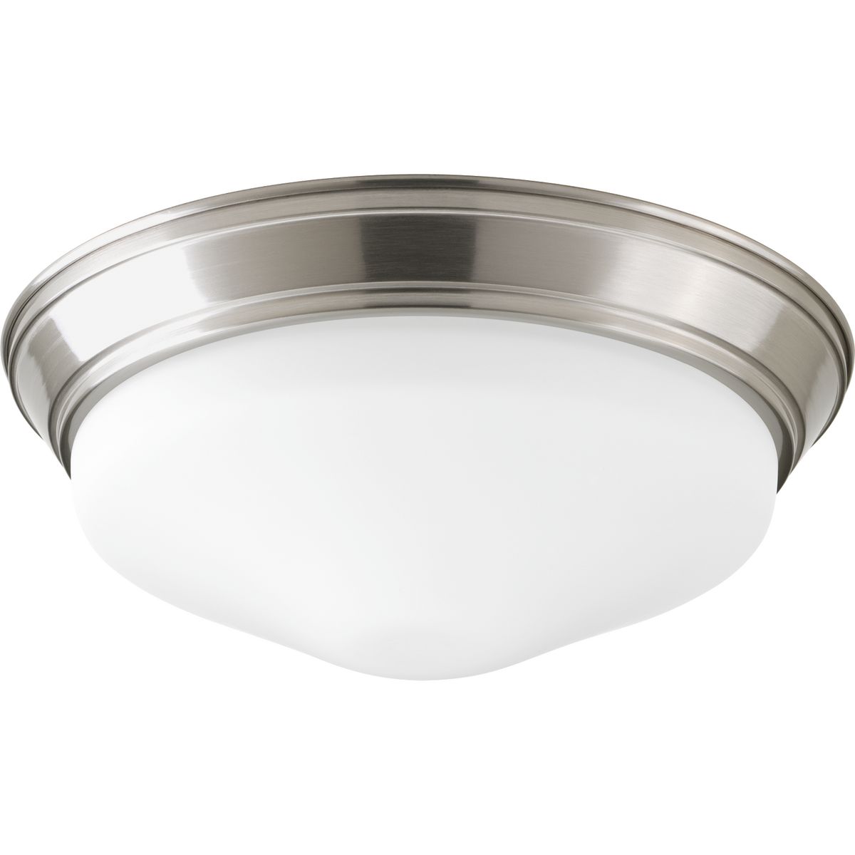 One-light 12-3/4 in LED Flush Mount series featuring an etched glass shade in a Brushed Nickel finish. Fixtures are dimmable to 10 percent with Triac or ELV dimmers.