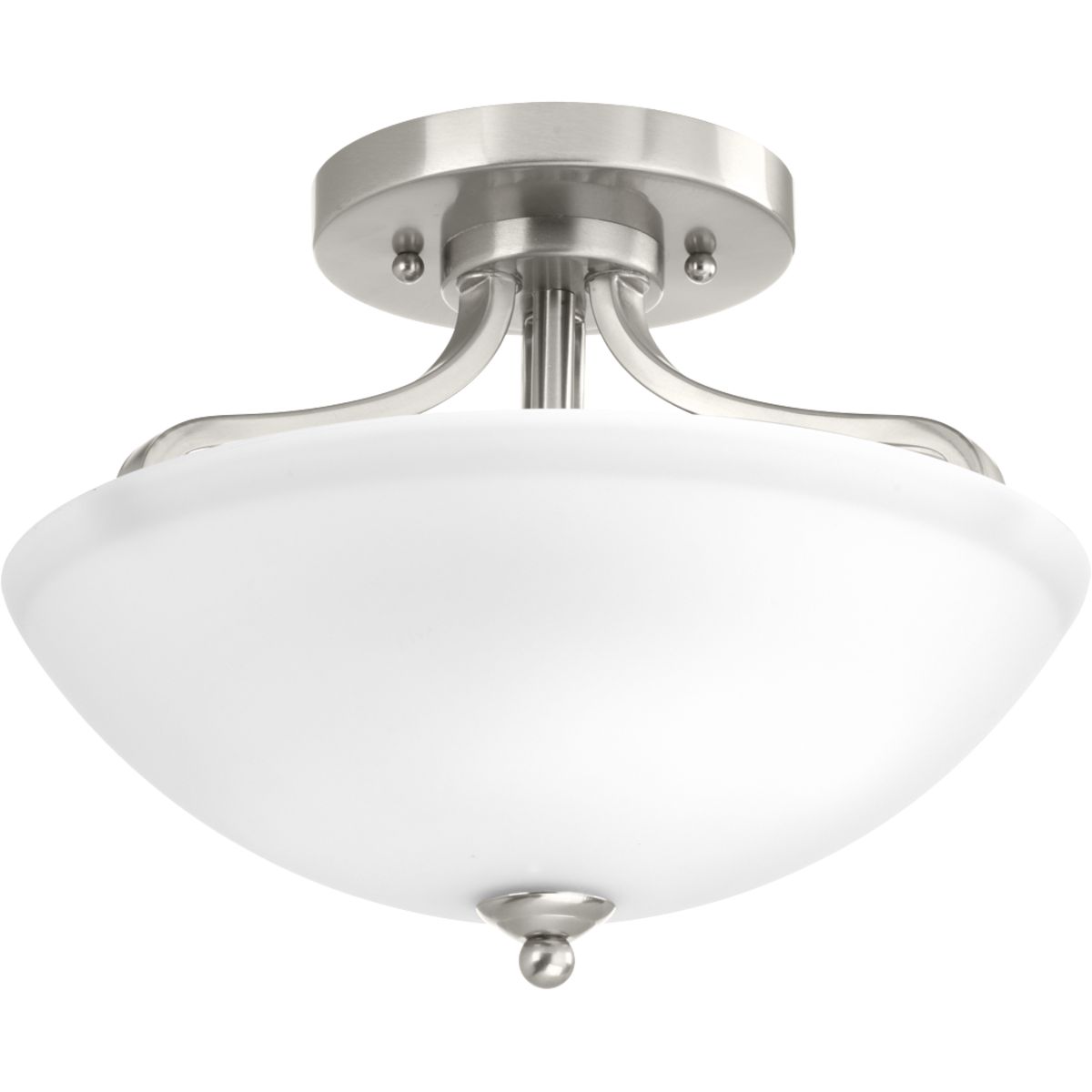 The Laird collection provides a contemporary complement to casual interiors popular in today's homes. Glass shades add distinction and provide pleasing illumination to any room, while scrolling arms create an airy effect. Semi-flush/convertible fixture in an Brushed Nickel finish.