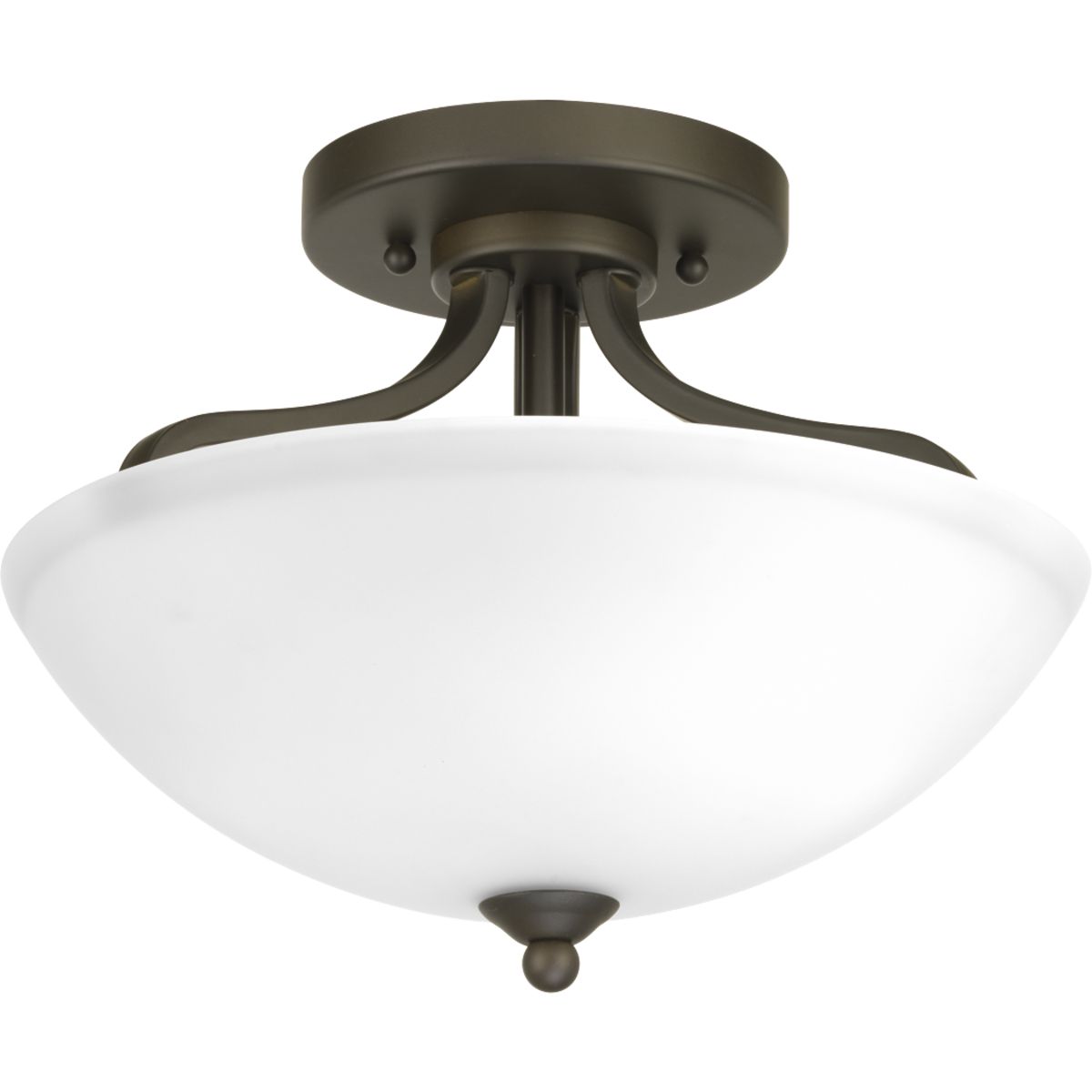 The Laird collection provides a contemporary complement to casual interiors popular in today's homes. Glass shades add distinction and provide pleasing illumination to any room, while scrolling arms create an airy effect. Semi-flush/convertible fixture in an Antique Bronze finish.