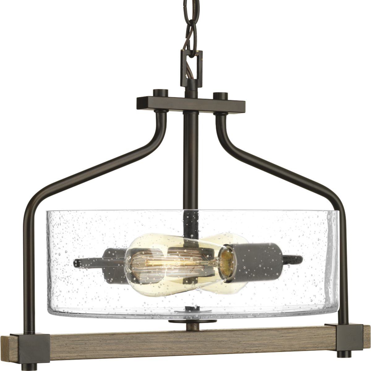 Rustic and vintage decor can transform your home into a nostalgic retreat reminiscent of rural farmhouses. Exposed iron details and a faux-painted wooden plank support artful, clear, seeded glass shades. Combine with vintage-style light bulbs to create a romantic focal point for any room. Two-Light semi-flush.
