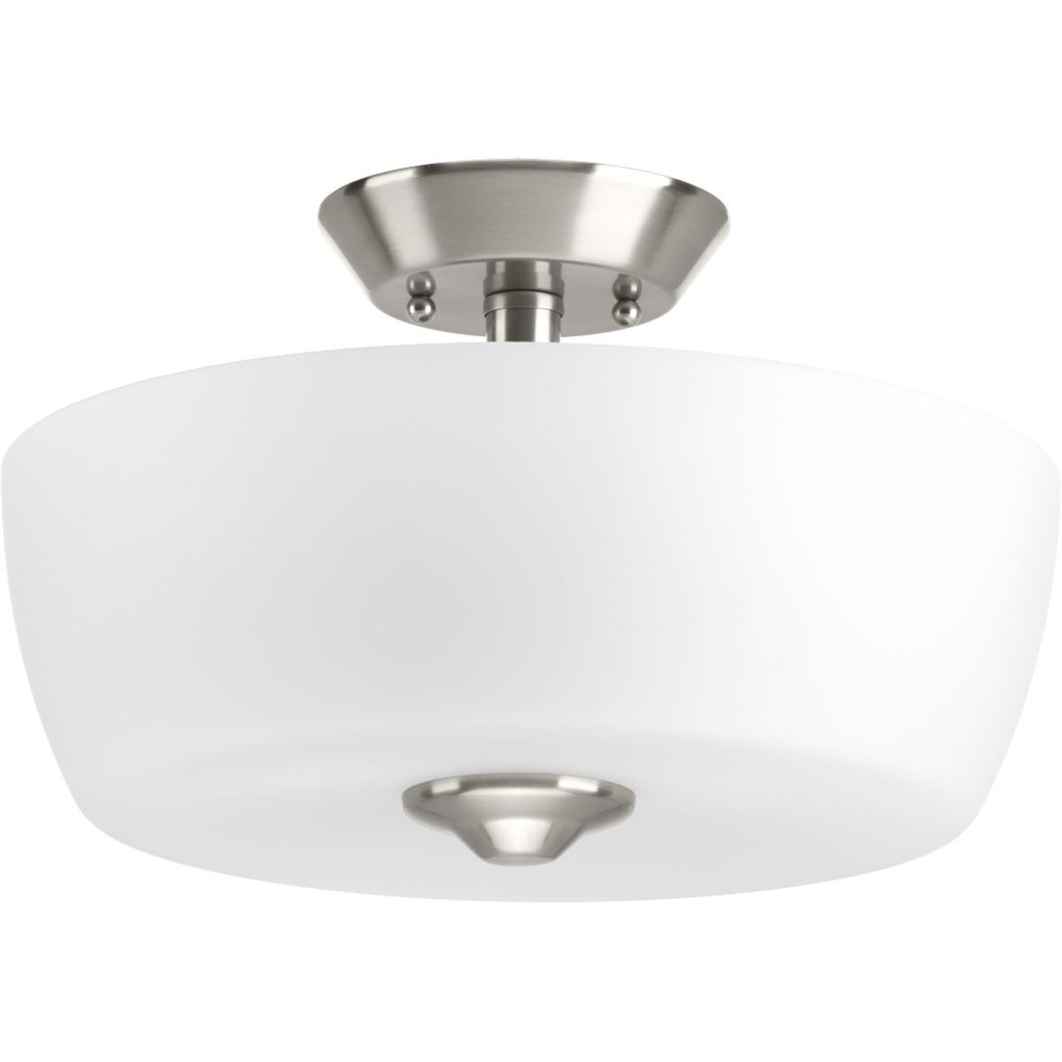 The Leap collection features etched glass shades that are slightly larger in scale to complement contemporary design trends. This two-light semi-flush convertible is finished in Brushed Nickel.
