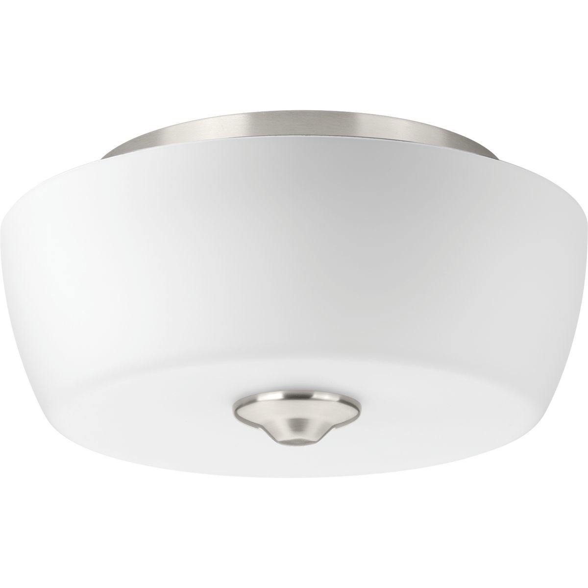 The Leap collection features etched glass shades that are slightly larger in scale to complement contemporary design trends. This two-light flush mount is finished in Brushed Nickel.