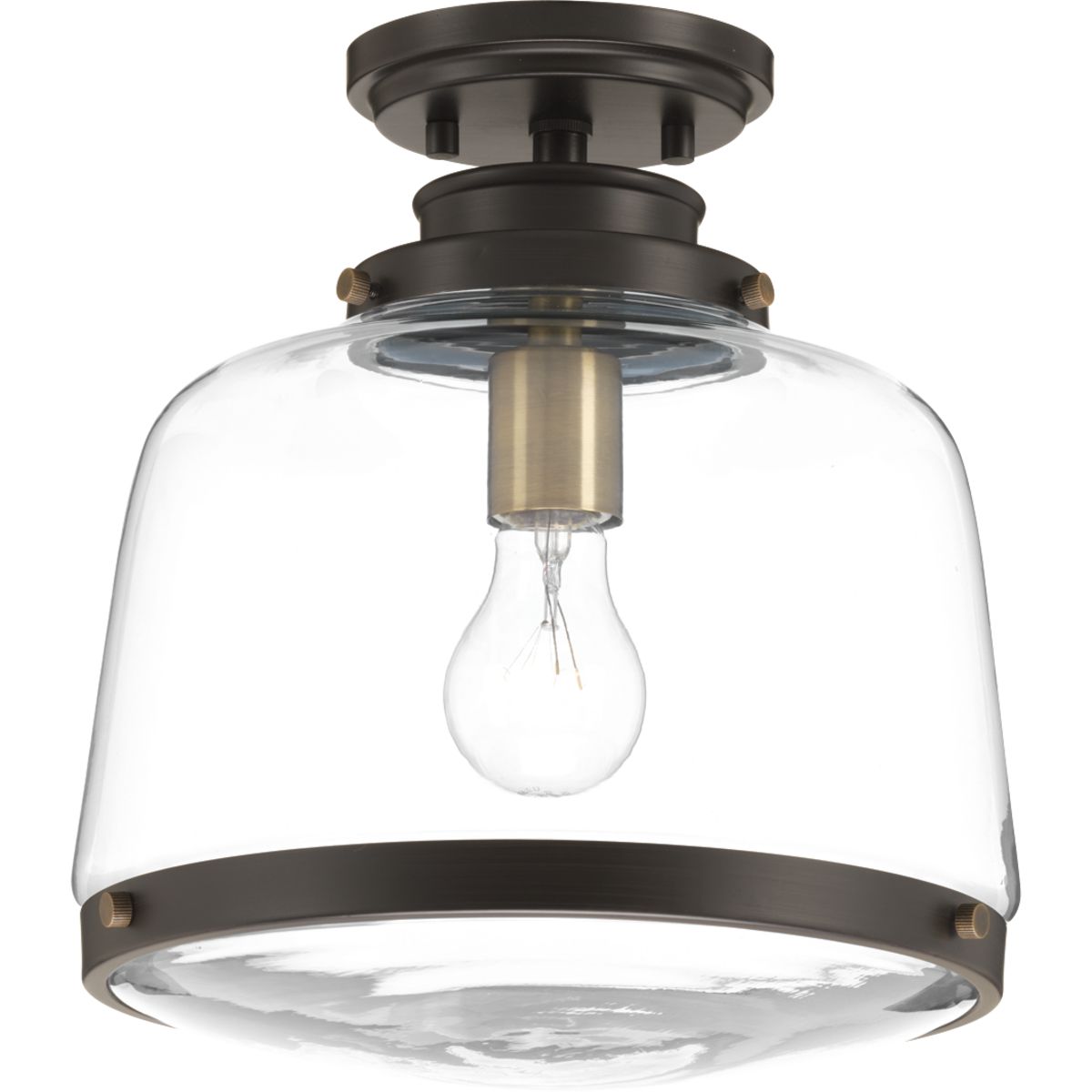 The Judson collection features a timeless clear schoolhouse-style globe. Metal fittings add distinction to complete the vintage look. Judson provides the perfect compliment to farmhouse or coastal-inspired homes. One-light flush mount in an Antique Bronze finish.
