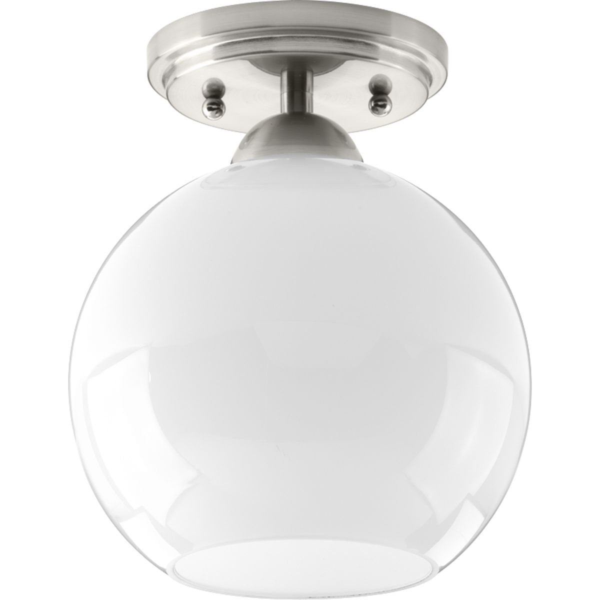 Inspired by the revival of mid-century fashions, the Carisa collection brings home this classic style. A metallic finish supports glossy white glass globes to create a timeless modern design. Flush Mount in a Brushed Nickel finish.