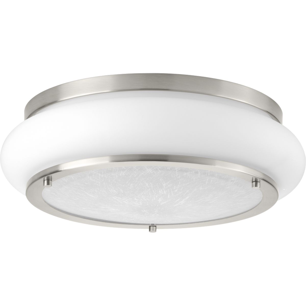 One-light 15 inch LED flush mount features architectural details for a variety of home styles. A combination of glass textures work together to create an interesting effect for today�s interiors. Metallic finishes complement the opal/linen double glass. Brushed Nickel finish.