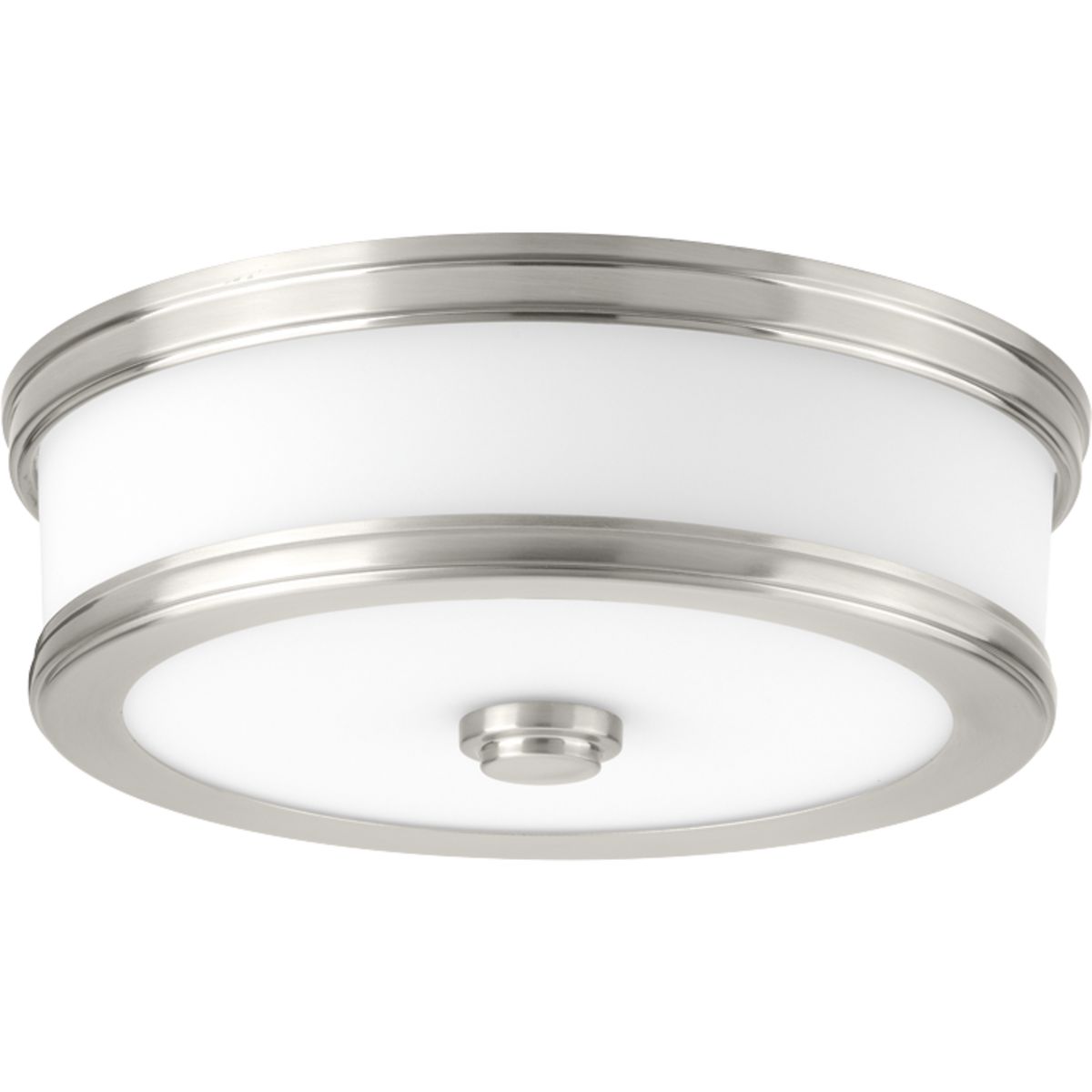Featuring a sleek and slim appearance, Bezel LED is an architectural series of flush mount options. Etched white glass is accented by a metal trim in a metallic finish. The glass shade is illuminated on both the bottom and sides to provide a pleasing lighted effect. 10 in LED Flush Mount. Brushed Nickel finish.