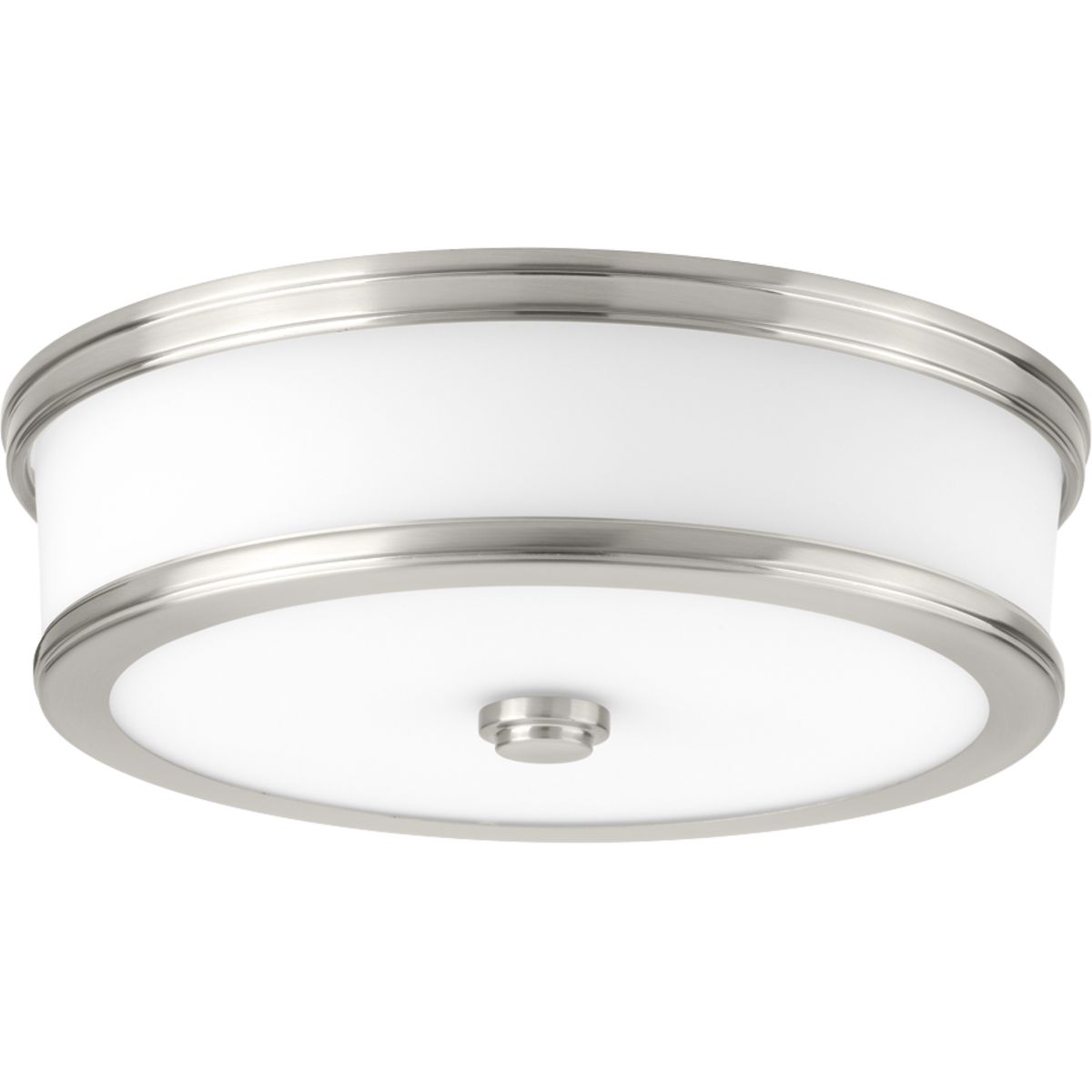 Featuring a sleek and slim appearance, Bezel LED is an architectural series of flush mount options. Etched white glass is accented by a metal trim in a metallic finish. The glass shade is illuminated on both the bottom and sides to provide a pleasing lighted effect. 13 in LED Flush Mount. Brushed Nickel finish.