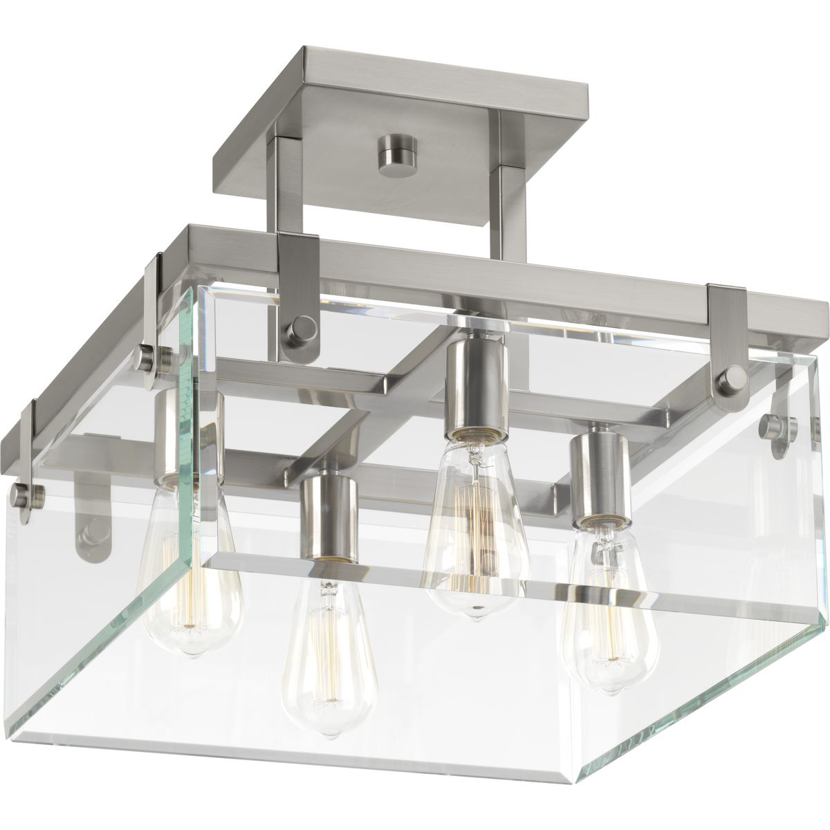 Inspired by modern architecture. Glayse features handsome details for variety of interior design styles. The frameless unbounded beveled glass creates beautiful light and reflection. The structure of Glayse is the focal point of the design, where form follows function. The four-light semi-flush convertible fixture is complimented by a Brushed Nickel finish.