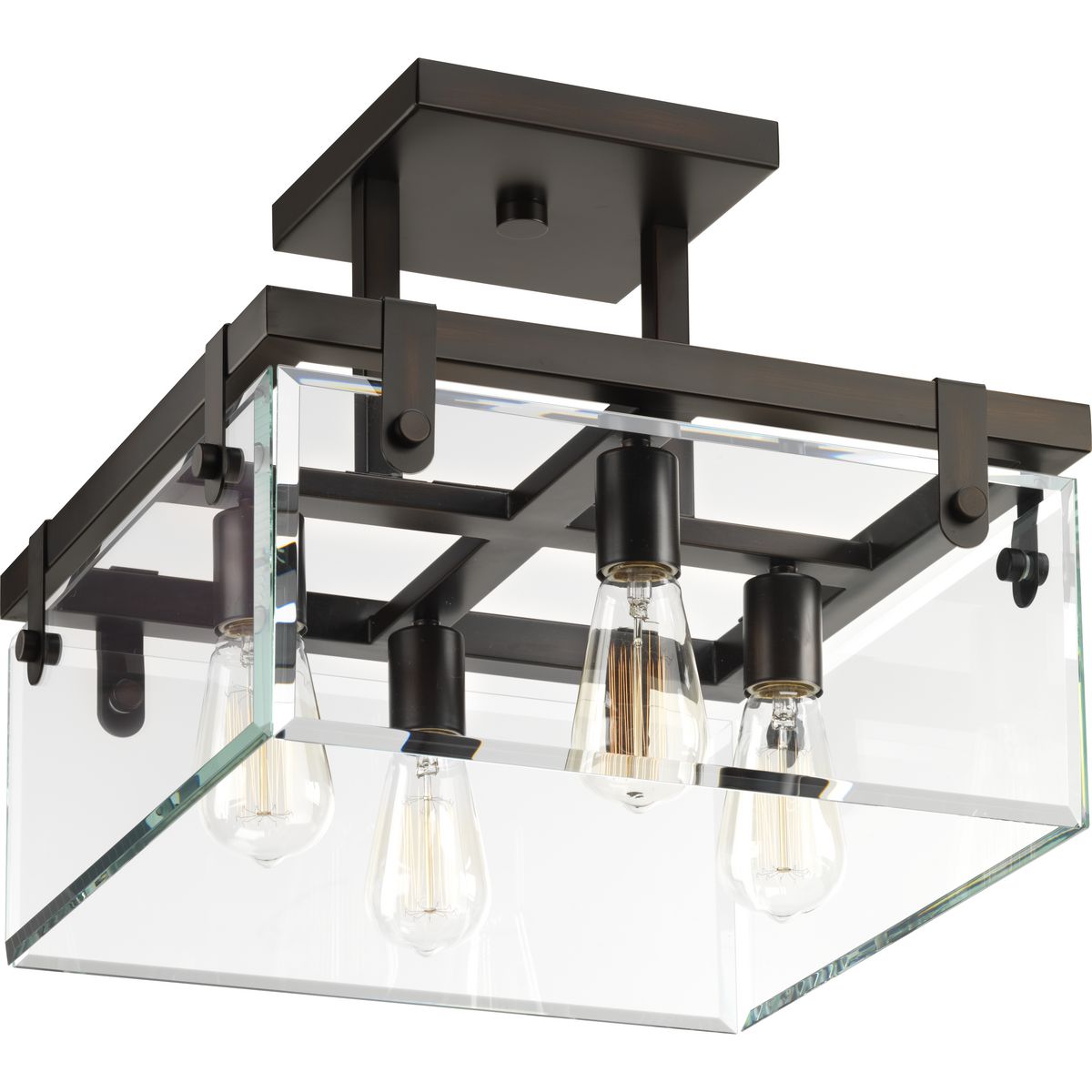 Inspired by modern architecture. Glayse features handsome details for variety of interior design styles. The frameless unbounded beveled glass creates beautiful light and reflection. The structure of Glayse is the focal point of the design, where form follows function. The four-light semi-flush convertible fixture is complimented by an Antique Bronze finish.