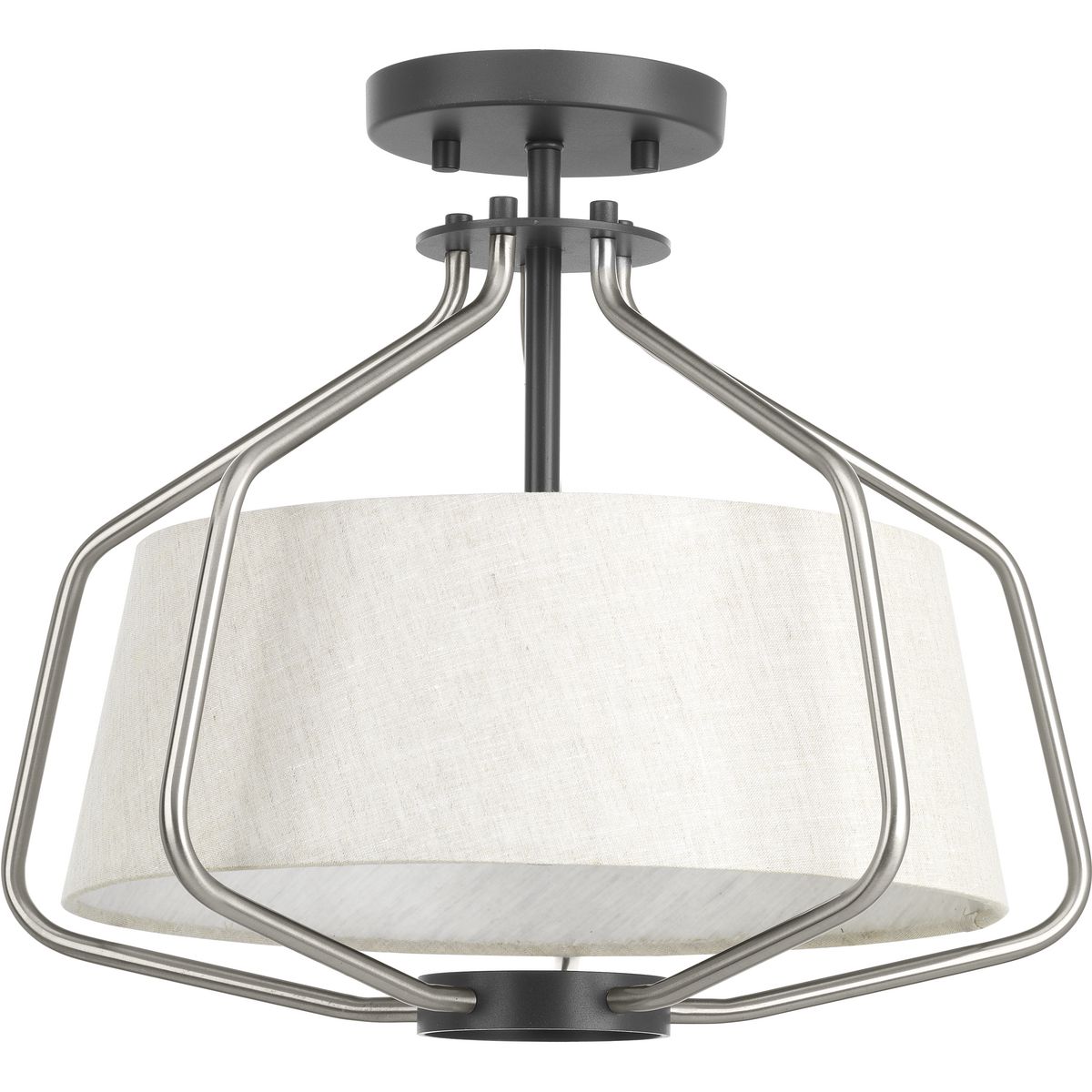 The semi-flush convertible fixture in the Hangar collection is a fun, light and airy piece - perfect for both casual and modern homes. A sophisticated, statement-making frame occupies a large visual space. Modern wire basket forms are finished in Brushed Nickel with graphite accents that surround an off-white linen shade.