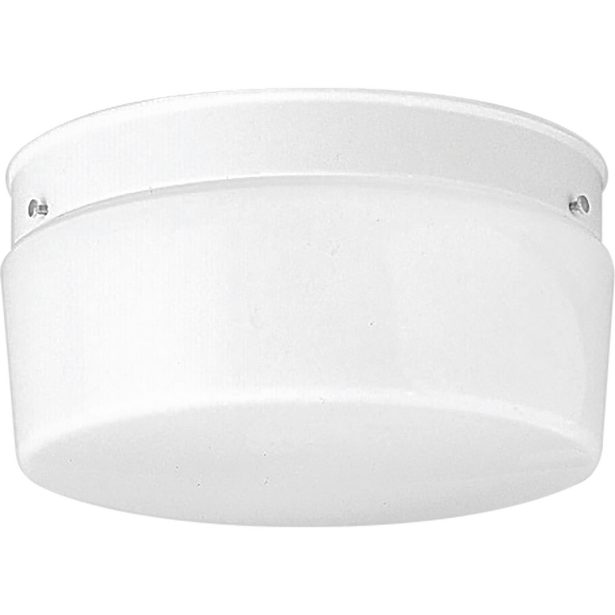 A contemporary two-light close to ceiling fixture featuring white glass and a white finish with snap-in fitter. The fixture is ideal in a bathroom setting or hall/foyer.